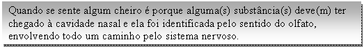 Caixa de texto: Quando se sente algum cheiro é porque alguma(s) substância(s) deve(m) ter chegado à cavidade nasal e ela foi identificada pelo sentido do olfato, envolvendo todo um caminho pelo sistema nervoso.